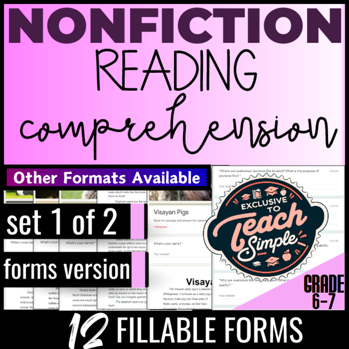 An educational teaching resource from Cored Education entitled Reading Comprehension Passages Nonfiction Set 1 (Google Forms) downloadable at Teach Simple.