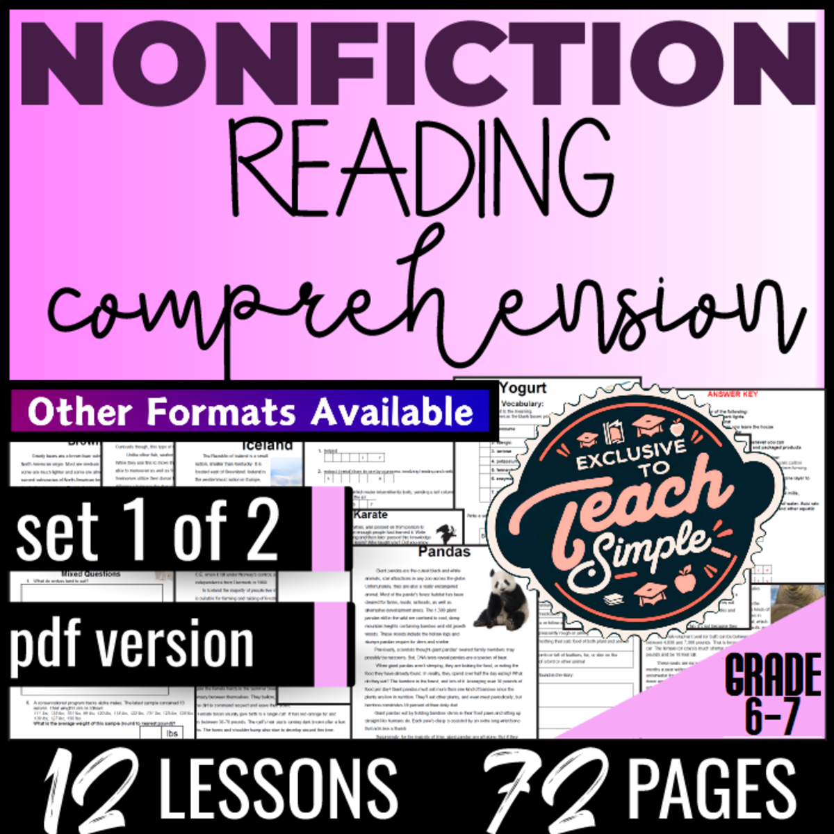 An educational teaching resource from Cored Education entitled Reading Comprehension Passages Nonfiction Set 1 (PDF) downloadable at Teach Simple.