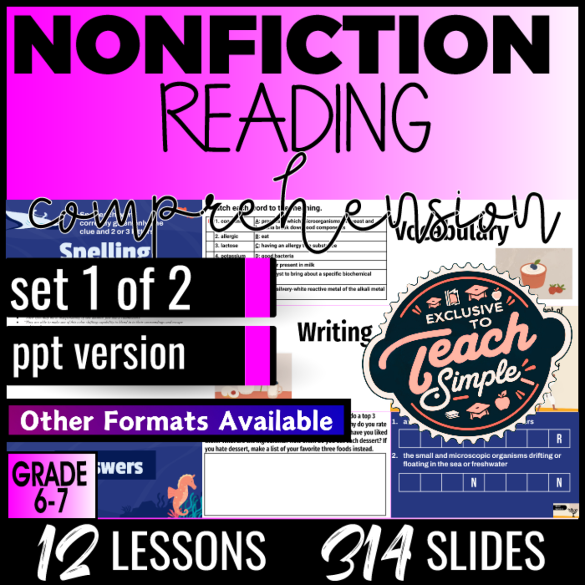 An educational teaching resource from Cored Education entitled Reading Comprehension Passages Nonfiction Set 1 (PPT) downloadable at Teach Simple.