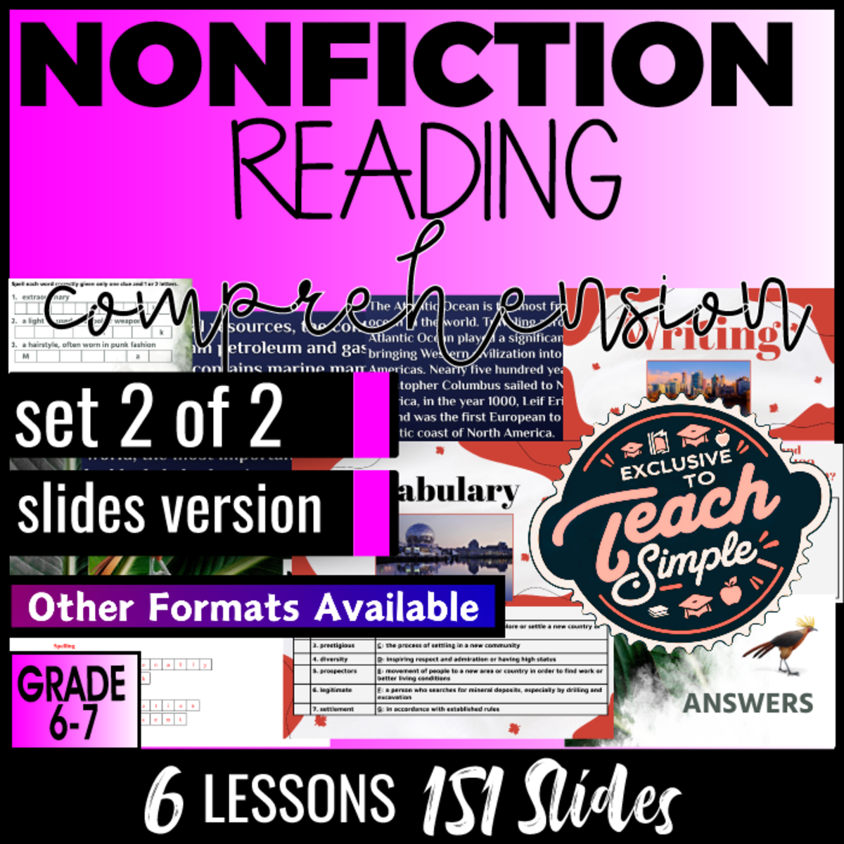 An educational teaching resource from Cored Education entitled Reading Comprehension Passages Nonfiction Set 2 (Google Slides) downloadable at Teach Simple.