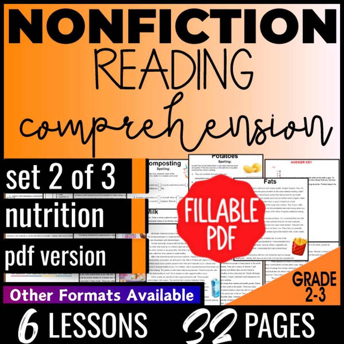 An educational teaching resource from Cored Education entitled Reading Comprehension Passages Nonfiction Set 2 - Nutrition (Fillable) downloadable at Teach Simple.