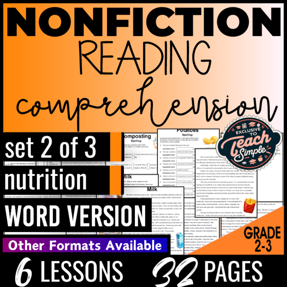 An educational teaching resource from Cored Education entitled Reading Comprehension Passages Nonfiction Set 2 - Nutrition (Word) downloadable at Teach Simple.