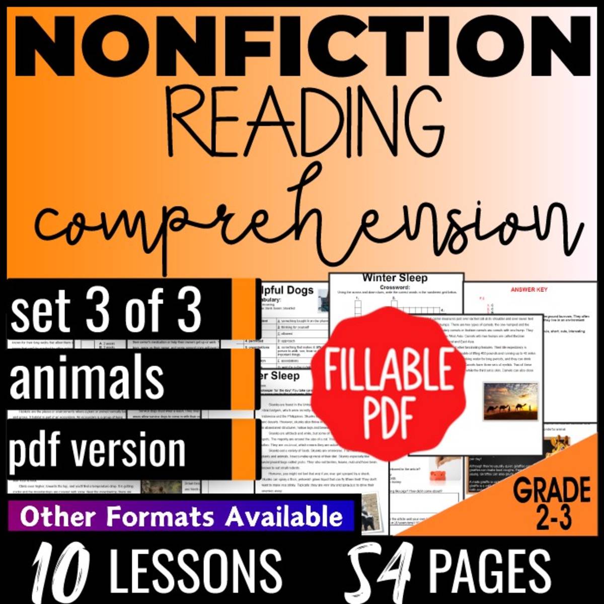 An educational teaching resource from Cored Education entitled Reading Comprehension Passages Nonfiction Set 3 - Animals (Fillable) downloadable at Teach Simple.