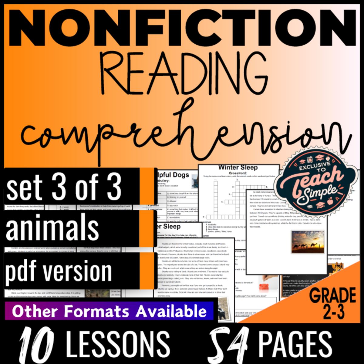 An educational teaching resource from Cored Education entitled Reading Comprehension Passages Nonfiction Set 3 - Animals (PDF) downloadable at Teach Simple.