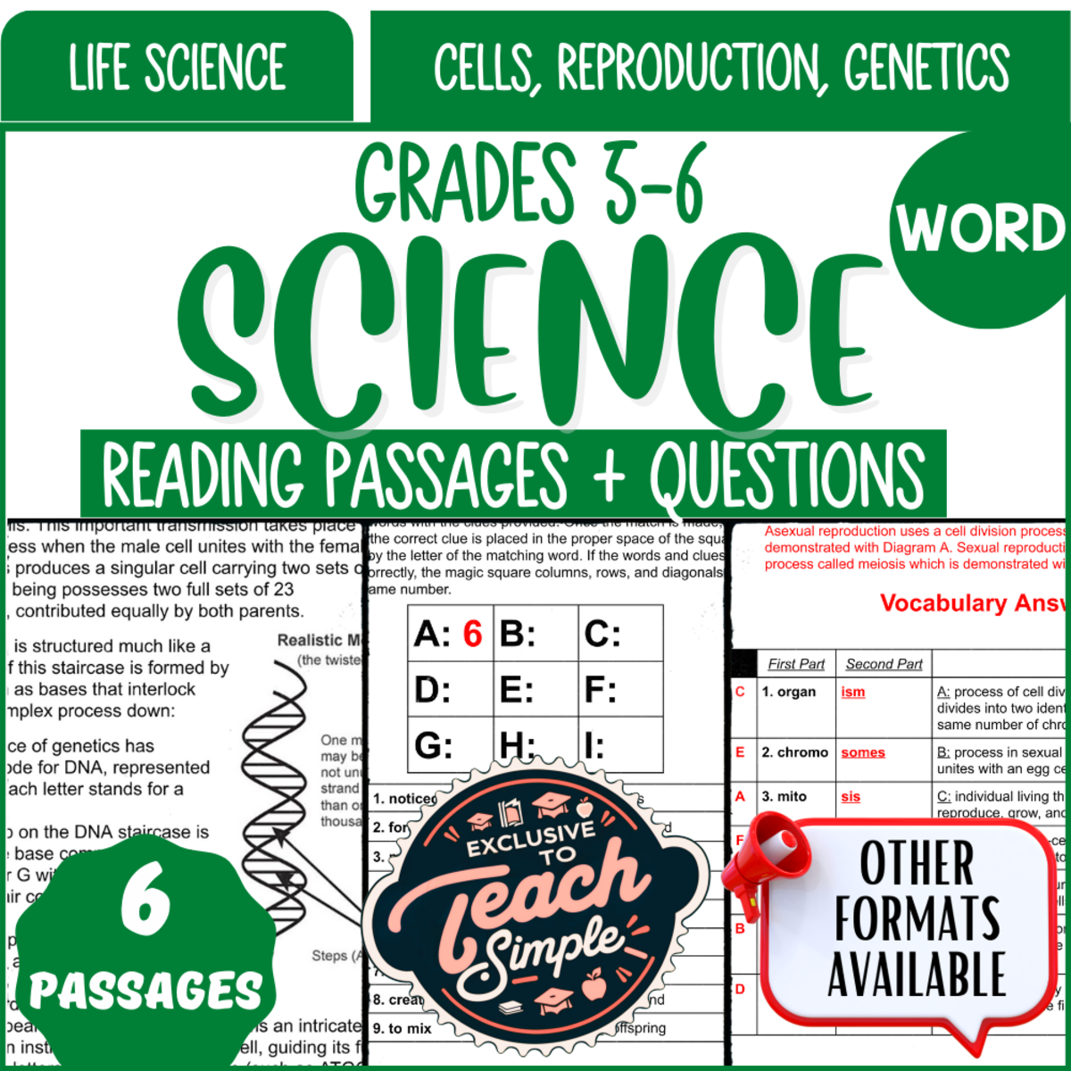 An educational teaching resource from Cored Education entitled Reading Comprehension Passages on Cells, Reproduction, Genetics (Word) downloadable at Teach Simple.