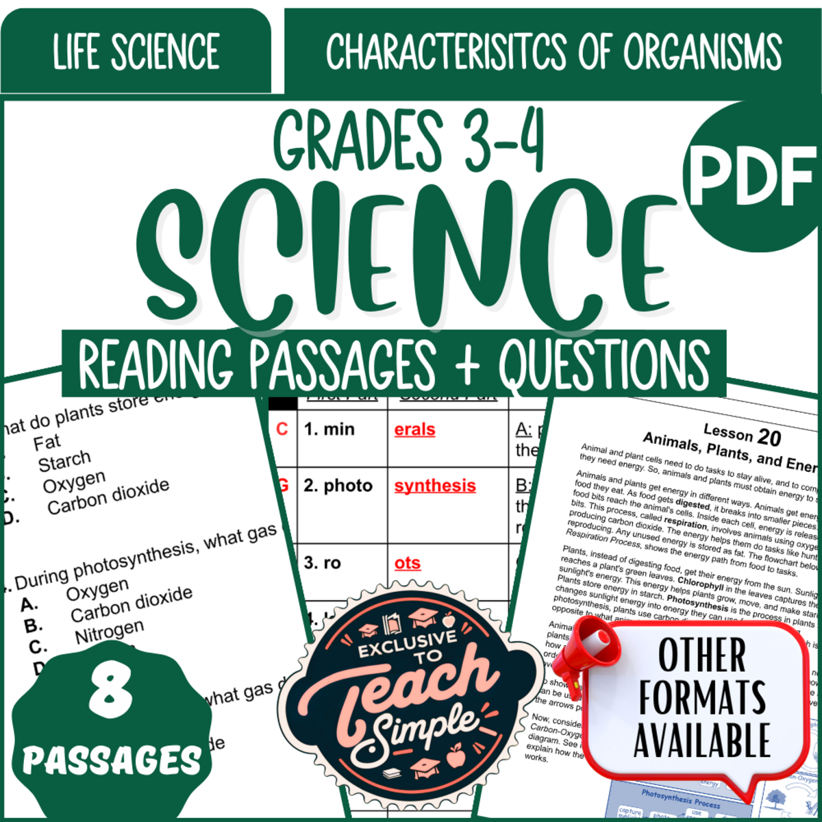 An educational teaching resource from Cored Education entitled Reading Comprehension Passages on Characteristics of Organisms (PDF) downloadable at Teach Simple.