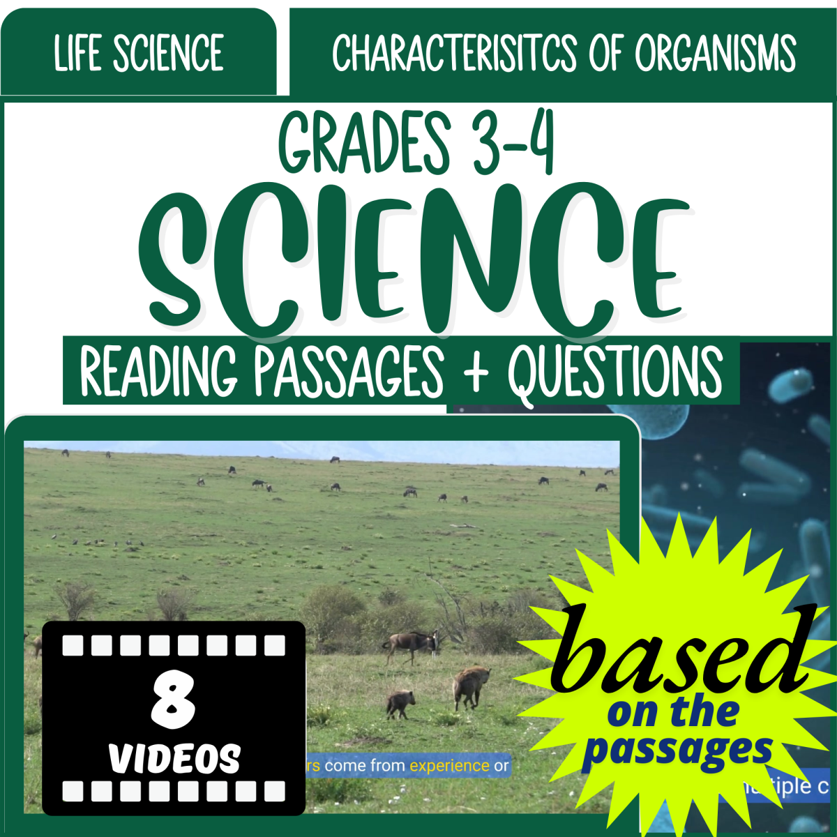 An educational teaching resource from Cored Education entitled Reading Comprehension Passages on Characteristics of Organisms (Video) downloadable at Teach Simple.