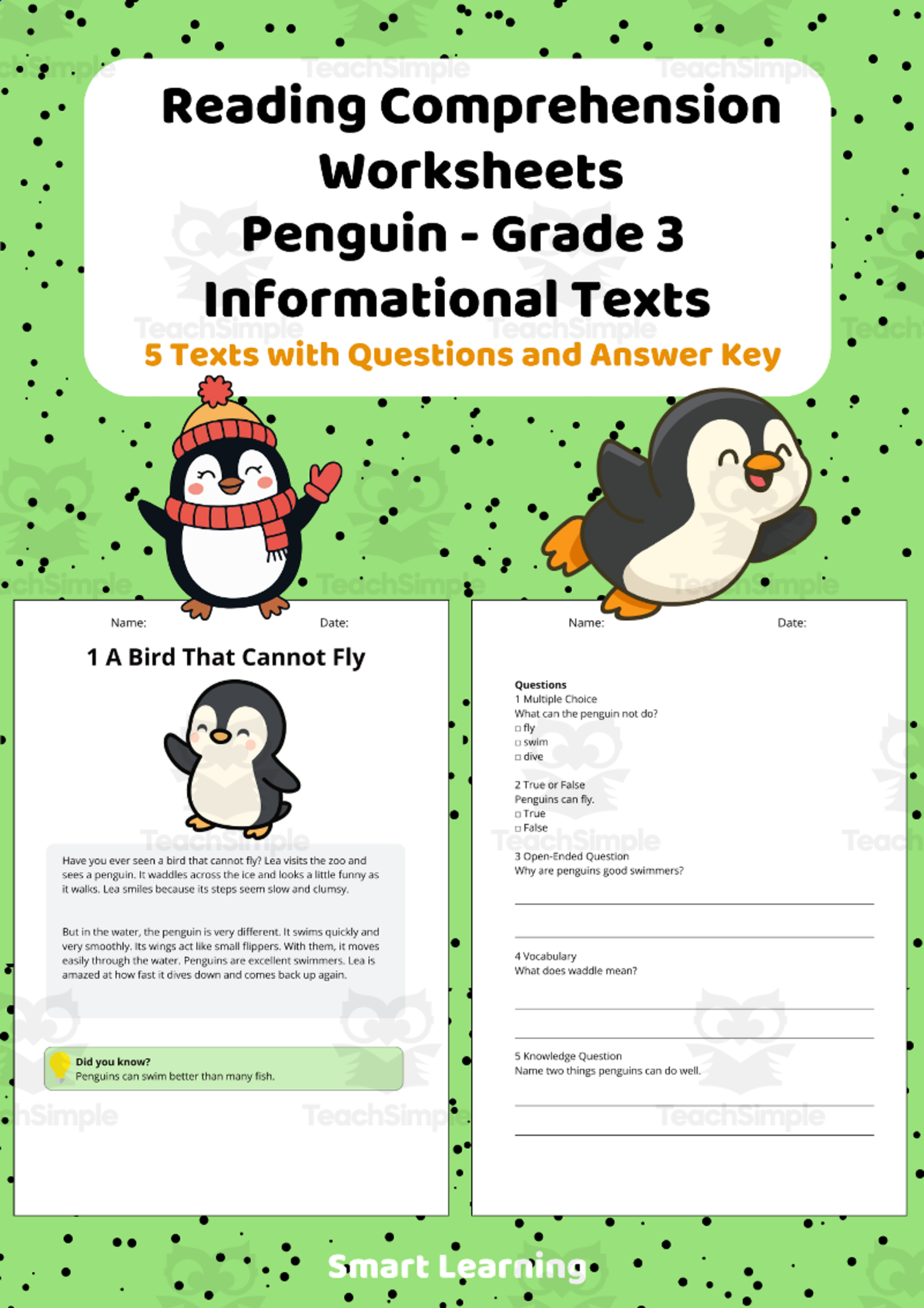An educational teaching resource from Smart Learning Classroom entitled Reading Comprehension Penguin | Grade 3 Informational Texts downloadable at Teach Simple.