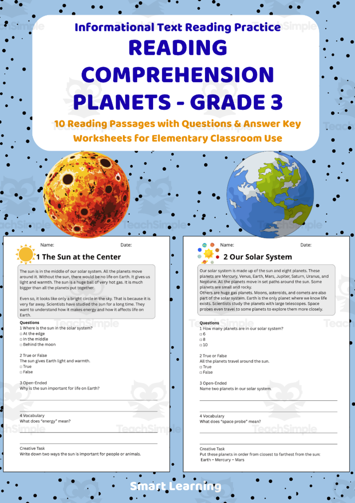 An educational teaching resource from Smart Learning Classroom entitled Reading Comprehension Planets | Grade 3 Reading Activities downloadable at Teach Simple.