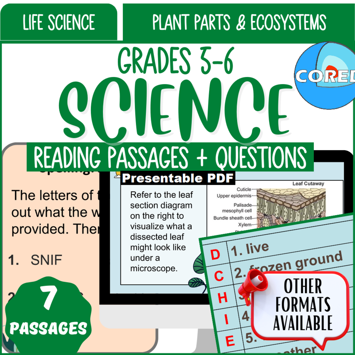 An educational teaching resource from Cored Education entitled Reading Comprehension: Plant Parts and Ecosystems (Presentable PDF) downloadable at Teach Simple.