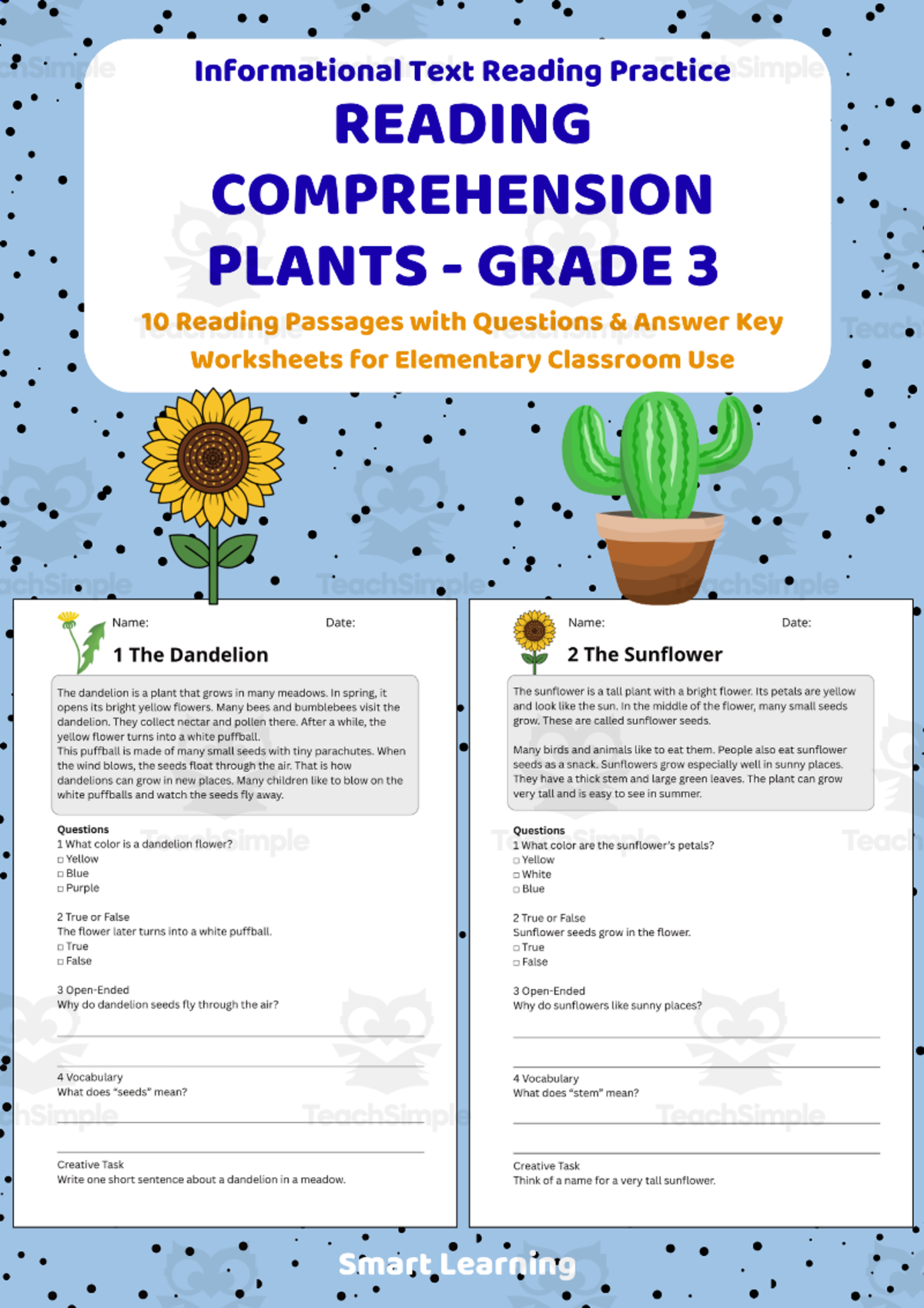 An educational teaching resource from Smart Learning Classroom entitled Reading Comprehension Plants | Grade 3 Reading Activities downloadable at Teach Simple.