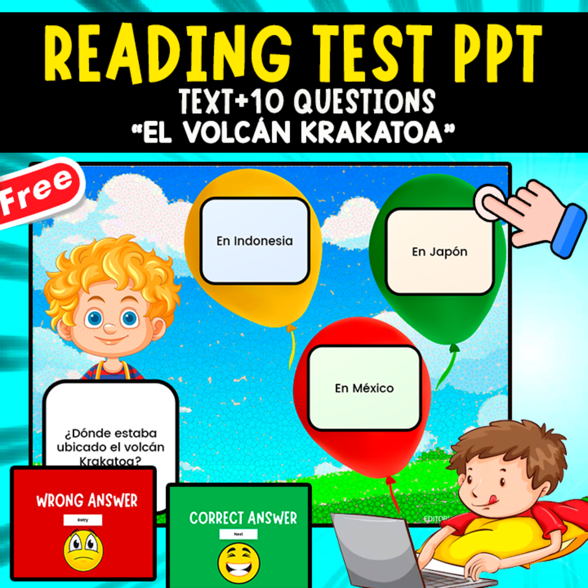 An educational teaching resource from EDITORIAL LAURA EDUCA entitled READING-COMPREHENSION PPT QUIZ | EL VOLCÁN KRAKATOA downloadable at Teach Simple.