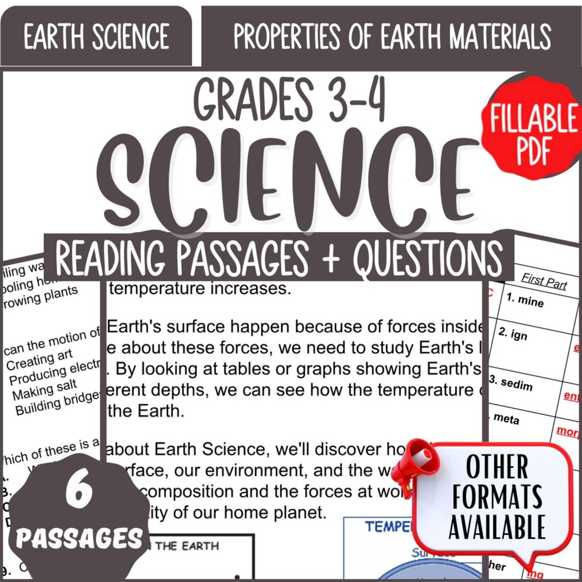 An educational teaching resource from Cored Education entitled Reading Comprehension: Properties of Earth Materials (Fillable PDF) downloadable at Teach Simple.