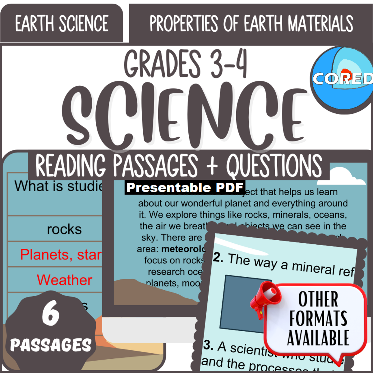 An educational teaching resource from Cored Education entitled Reading Comprehension: Properties of Earth Materials (Presentable PDF) downloadable at Teach Simple.