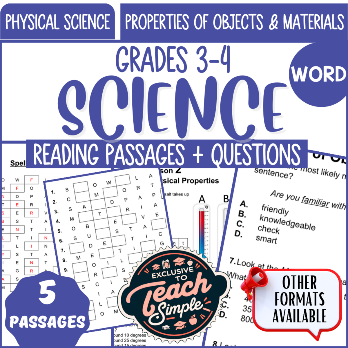 An educational teaching resource from Cored Education entitled Reading Comprehension: Properties of Objects and Materials (Word File) downloadable at Teach Simple.