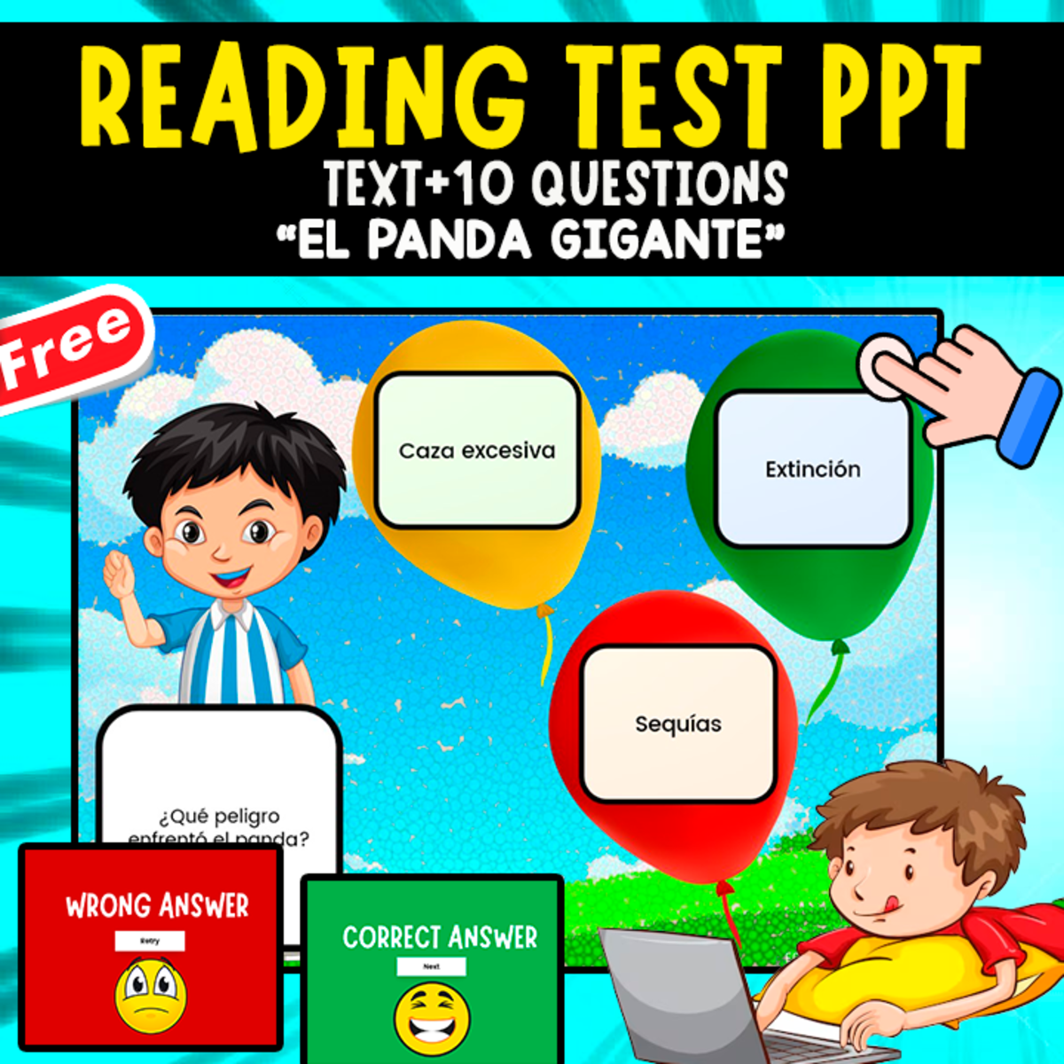 An educational teaching resource from EDITORIAL LAURA EDUCA entitled READING COMPREHENSION QUIZ PPT | EL PANDA GIGANTE Y SU CONSERVACION downloadable at Teach Simple.