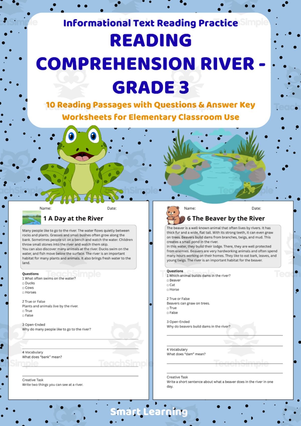 An educational teaching resource from Smart Learning Classroom entitled Reading Comprehension River | Grade 3 Reading Activities downloadable at Teach Simple.