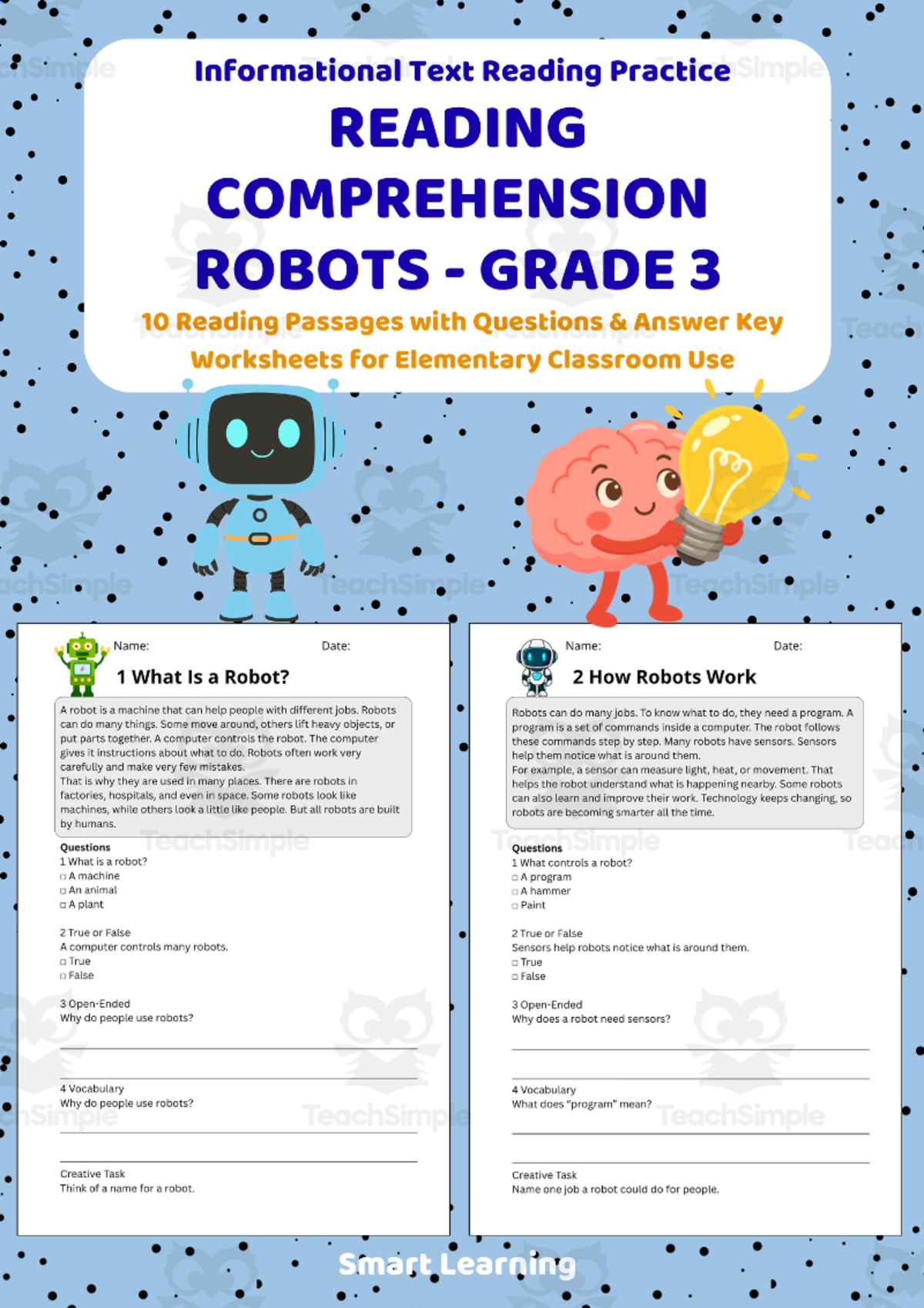 An educational teaching resource from Smart Learning Classroom entitled Reading Comprehension Robots | Grade 3 Reading Activities downloadable at Teach Simple.
