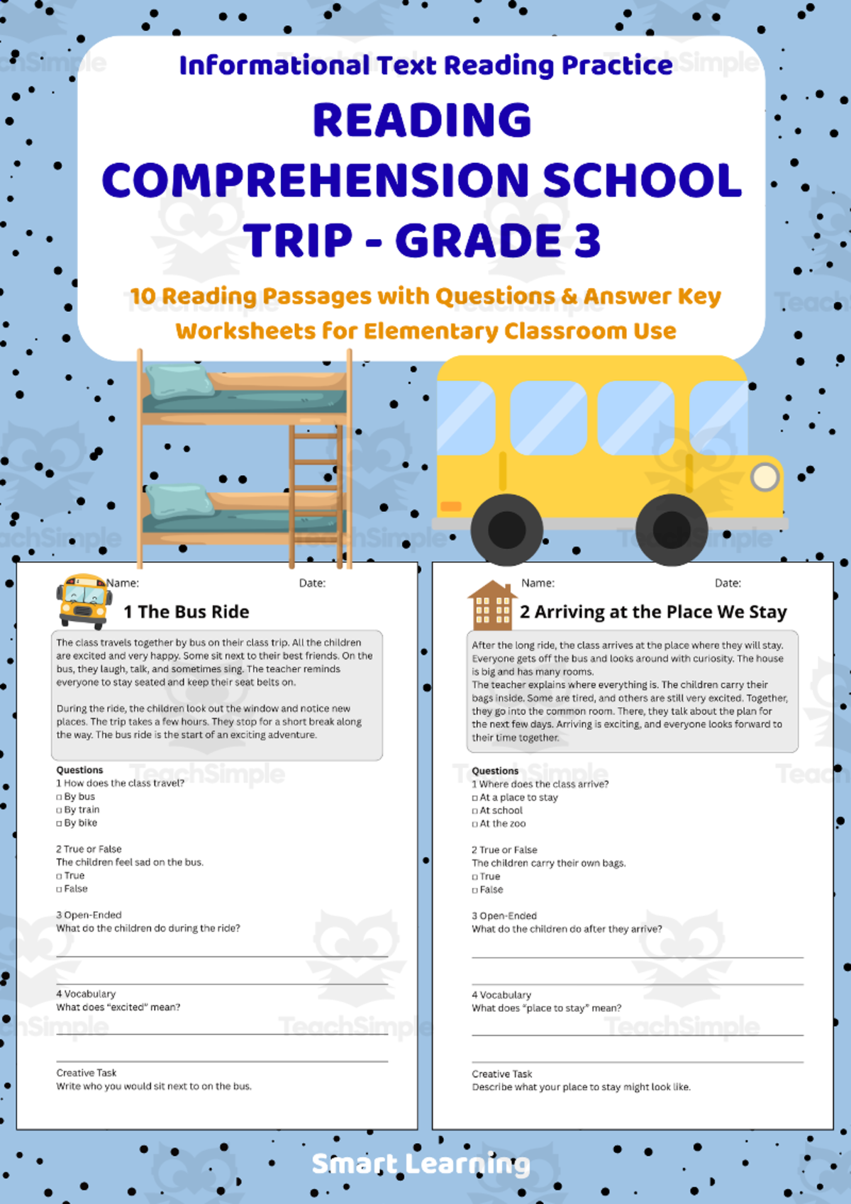 An educational teaching resource from Smart Learning Classroom entitled Reading Comprehension School Trip | Grade 3 Reading Activities downloadable at Teach Simple.