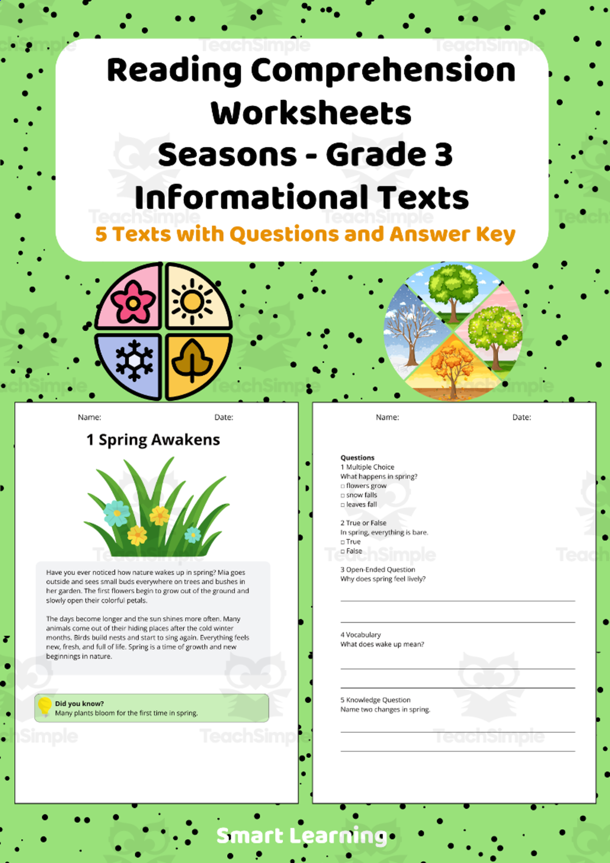 An educational teaching resource from Smart Learning Classroom entitled Reading Comprehension Seasons | Grade 3 Informational Texts downloadable at Teach Simple.