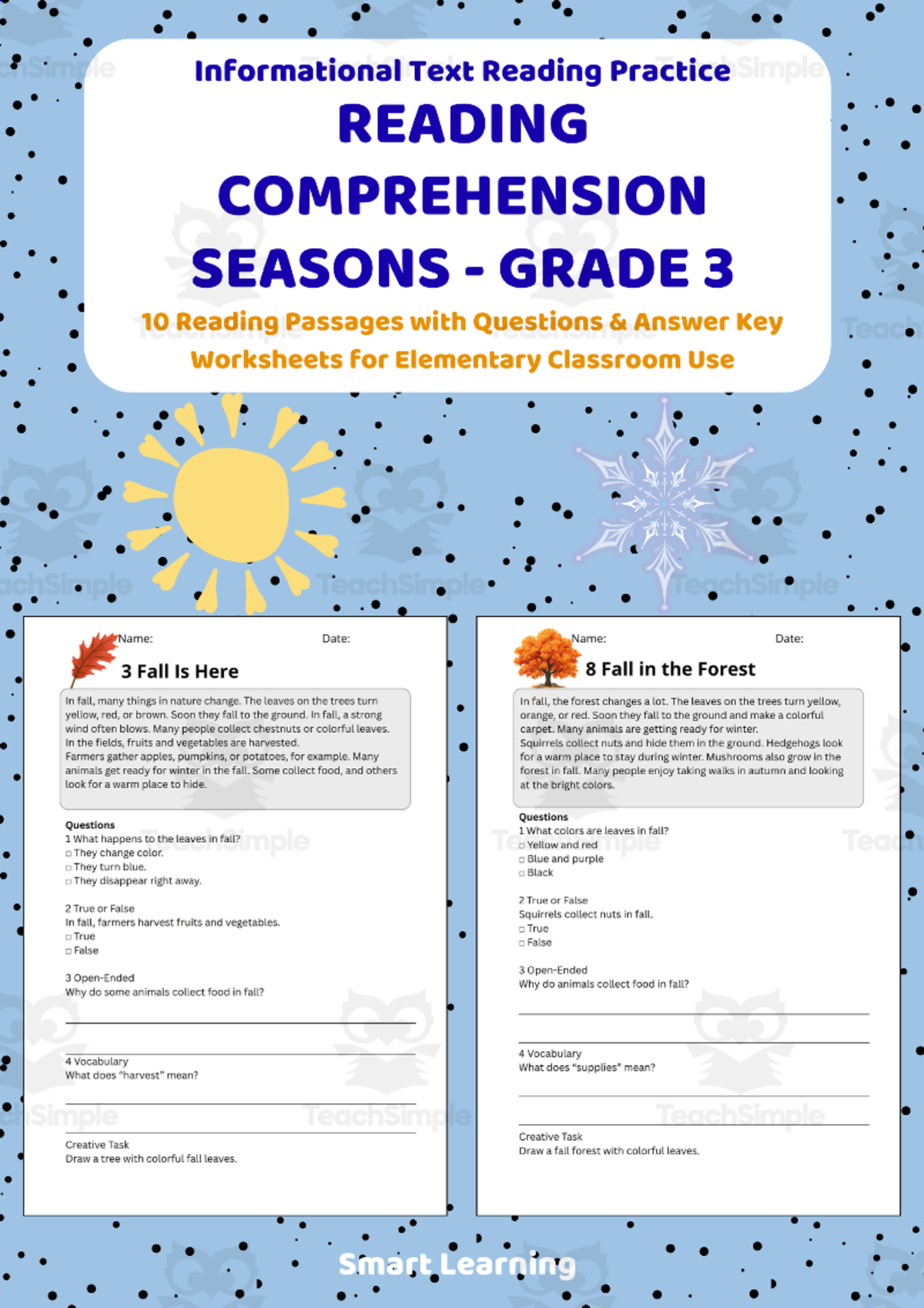 An educational teaching resource from Smart Learning Classroom entitled Reading Comprehension Seasons | Grade 3 Reading Activities downloadable at Teach Simple.