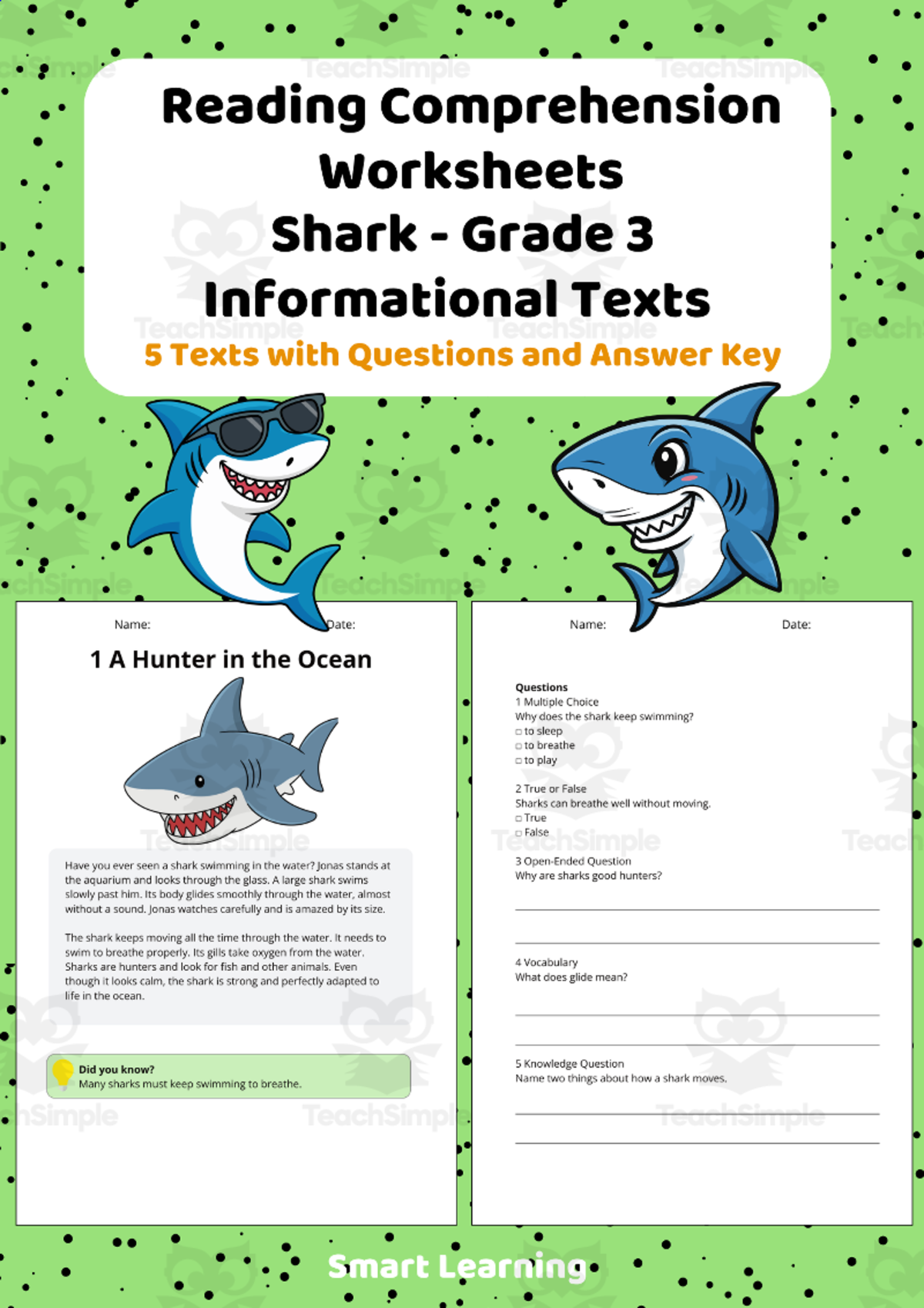 An educational teaching resource from Smart Learning Classroom entitled Reading Comprehension Sharks | Grade 3 Informational Texts downloadable at Teach Simple.