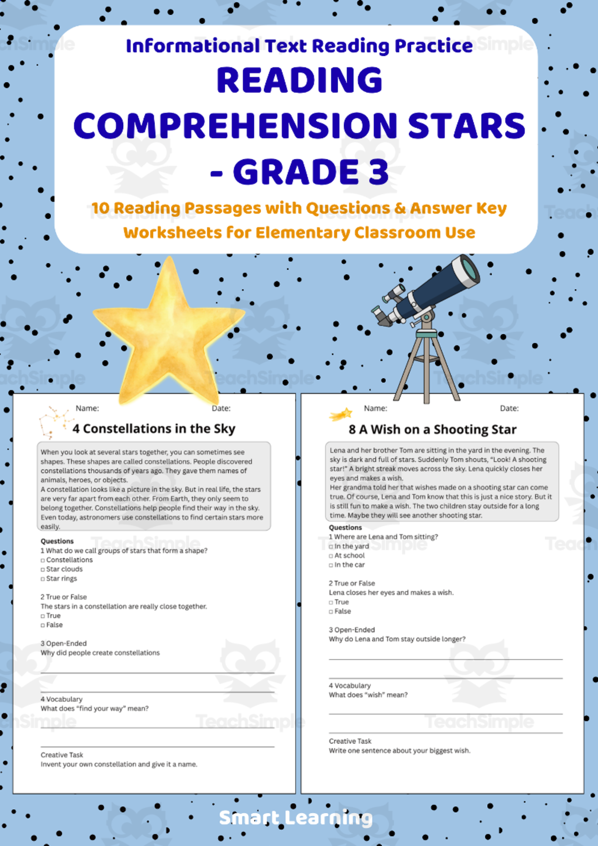 An educational teaching resource from Smart Learning Classroom entitled Reading Comprehension Stars | Grade 3 Reading Activities downloadable at Teach Simple.