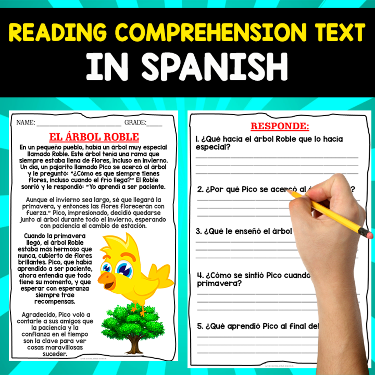 An educational teaching resource from EDITORIAL LAURA EDUCA entitled READING COMPREHENSION TEXT | EL ÁRBOL ROBLE | SPANISH TEST downloadable at Teach Simple.