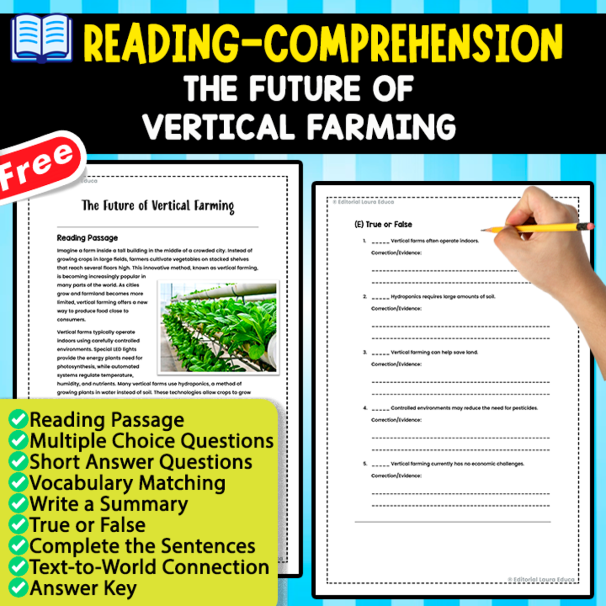 An educational teaching resource from EDITORIAL LAURA EDUCA entitled READING-COMPREHENSION | The Future of Vertical Farming downloadable at Teach Simple.