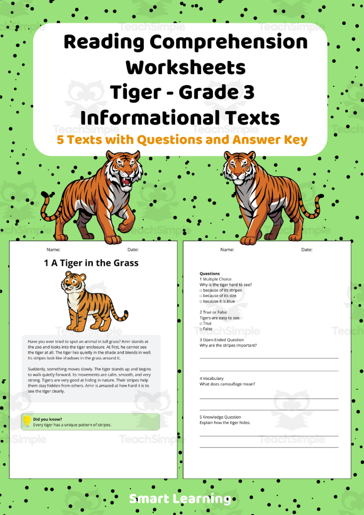 An educational teaching resource from Smart Learning Classroom entitled Reading Comprehension Tiger | Grade 3 Informational Texts downloadable at Teach Simple.