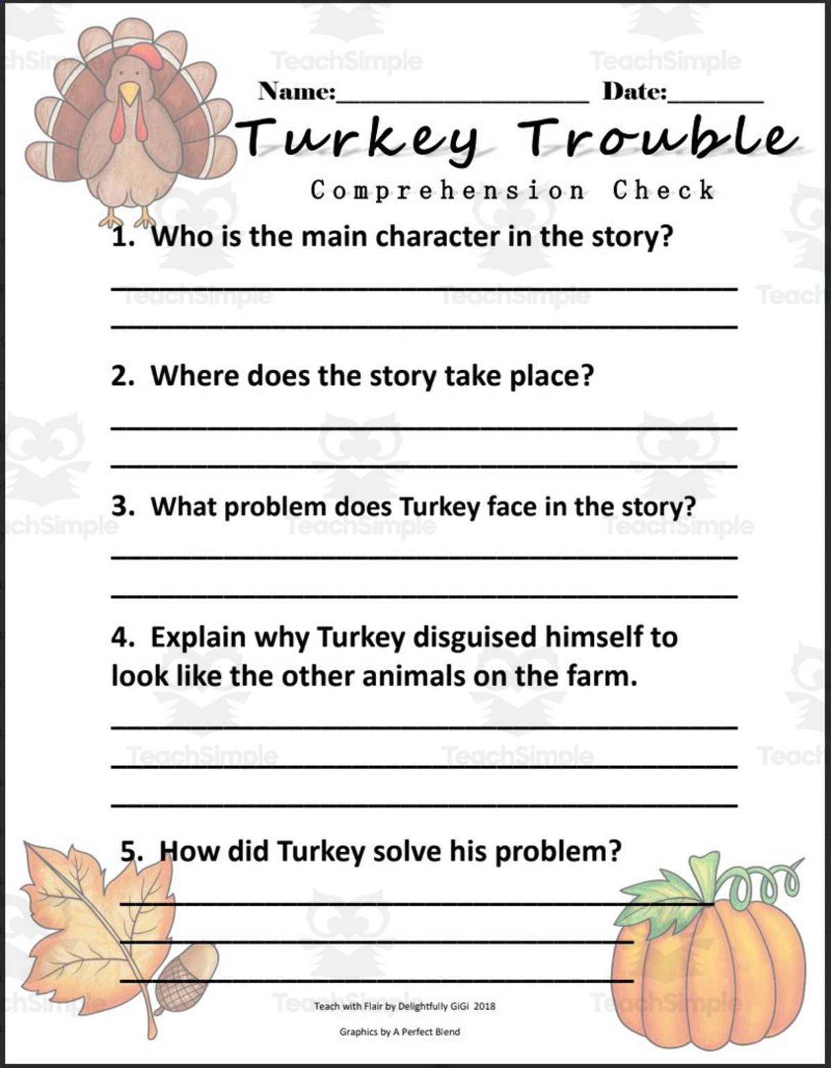 An educational teaching resource from FlairSquare Educational Resources entitled Reading Comprehension: Turkey Trouble downloadable at Teach Simple.