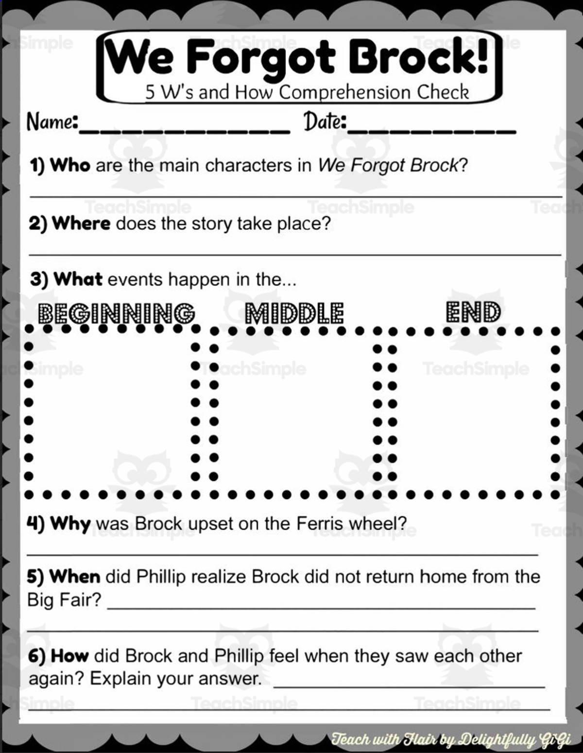 An educational teaching resource from FlairSquare Educational Resources entitled Reading Comprehension: We Forgot Brock! downloadable at Teach Simple.