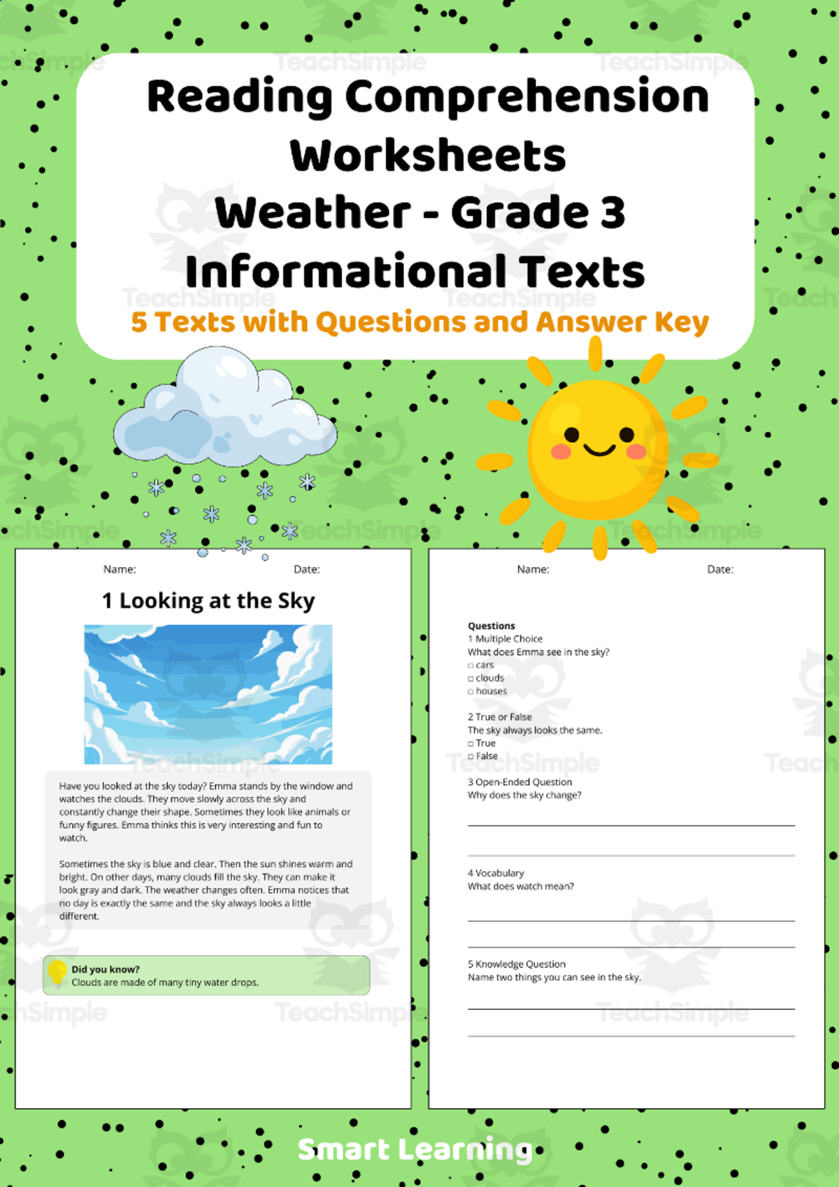 An educational teaching resource from Smart Learning Classroom entitled Reading Comprehension Weather | Grade 3 Informational Texts downloadable at Teach Simple.