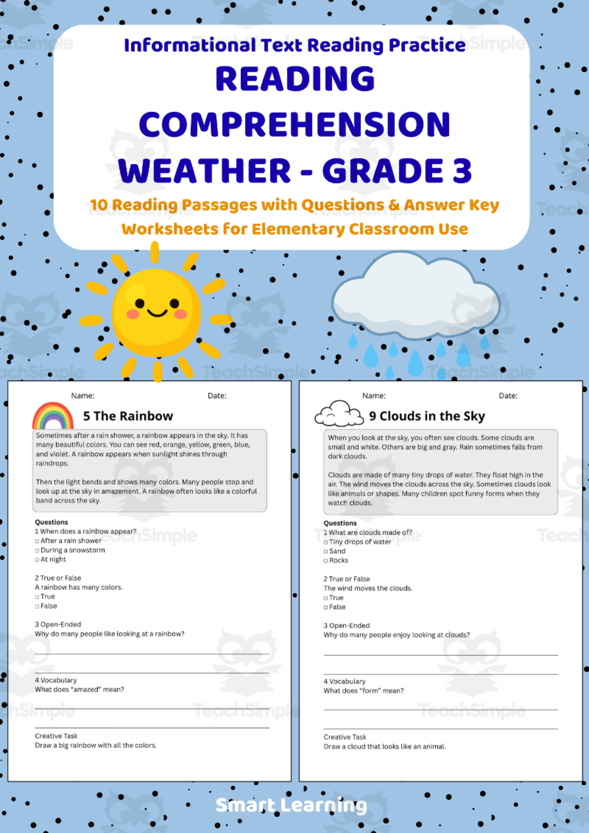 An educational teaching resource from Smart Learning Classroom entitled Reading Comprehension Weather | Grade 3 Reading Activities downloadable at Teach Simple.