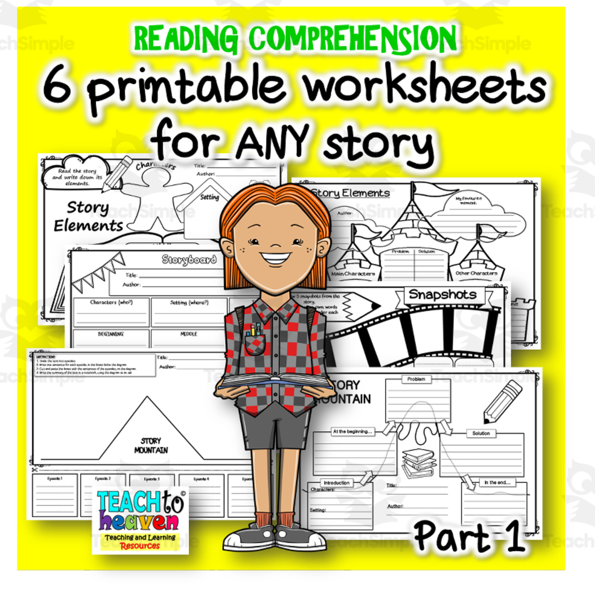 An educational teaching resource from Teach To Heaven,  Reoulita.com entitled READING COMPREHENSION worksheets for ANY story Part 1 downloadable at Teach Simple.