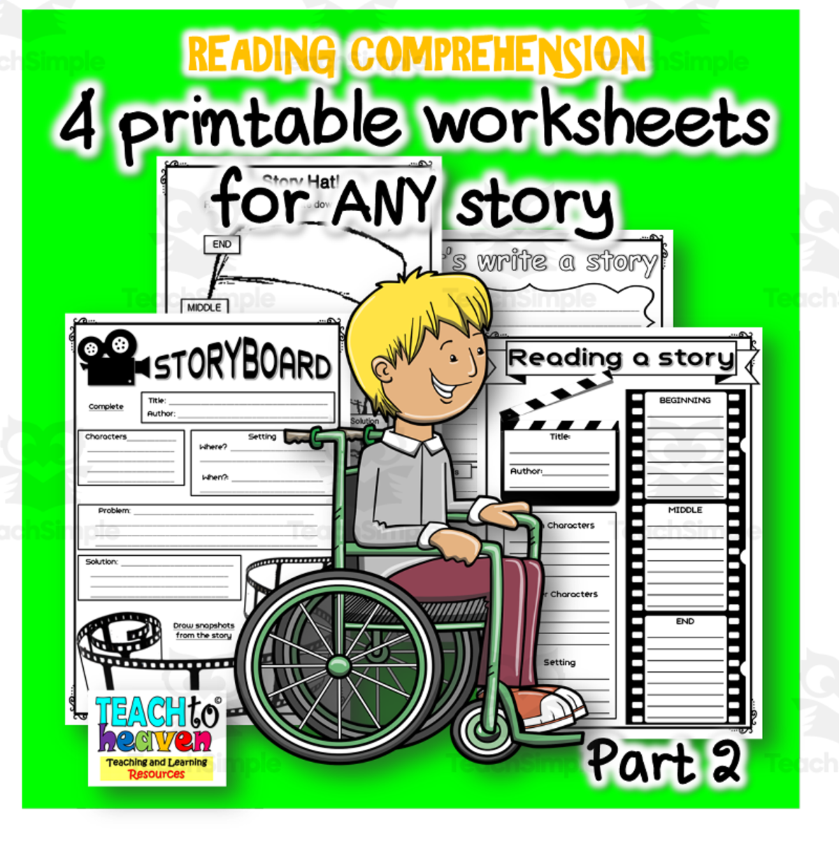 An educational teaching resource from Teach To Heaven, Reoulita.com entitled READING COMPREHENSION worksheets for ANY story Part 2 downloadable at Teach Simple.