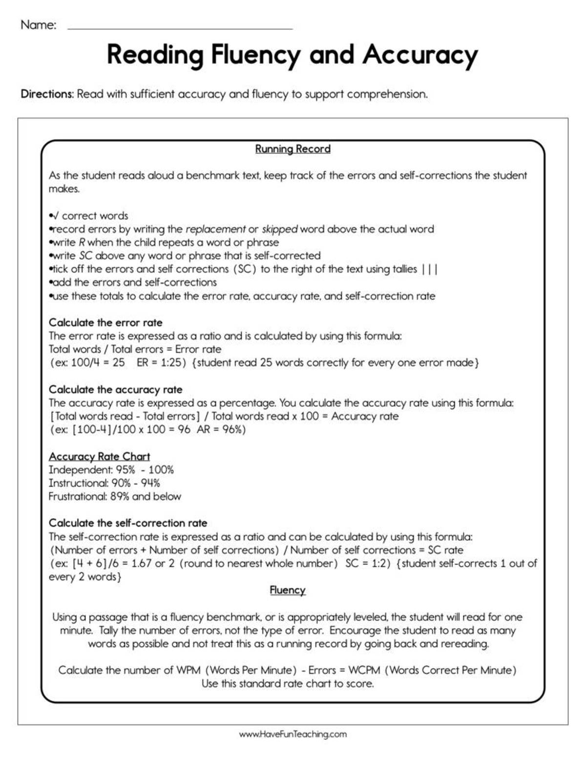 An educational teaching resource from Have Fun Teaching entitled Reading Fluency and Accuracy Worksheet downloadable at Teach Simple.
