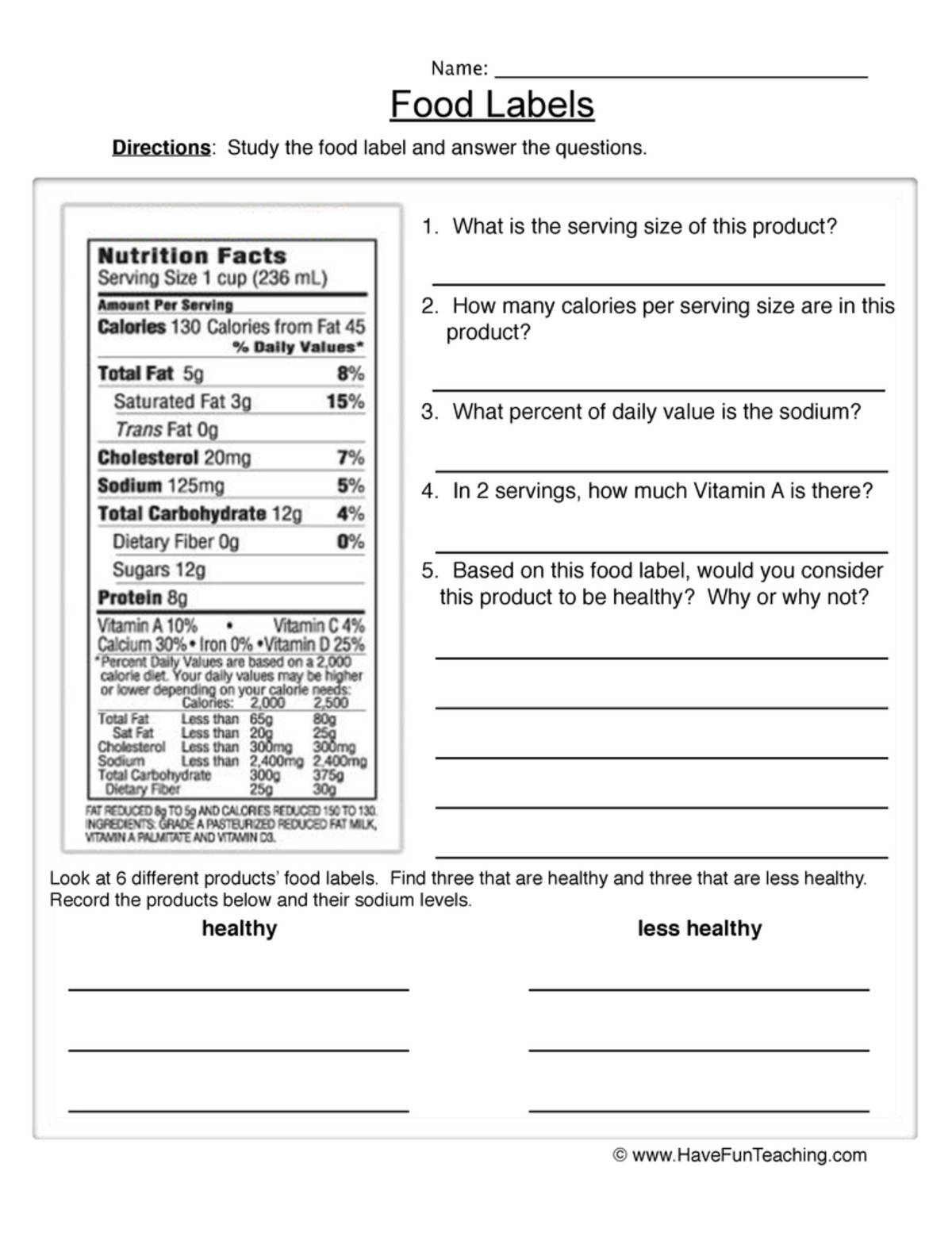 An educational teaching resource from Have Fun Teaching entitled Reading Food Labels Worksheet downloadable at Teach Simple.