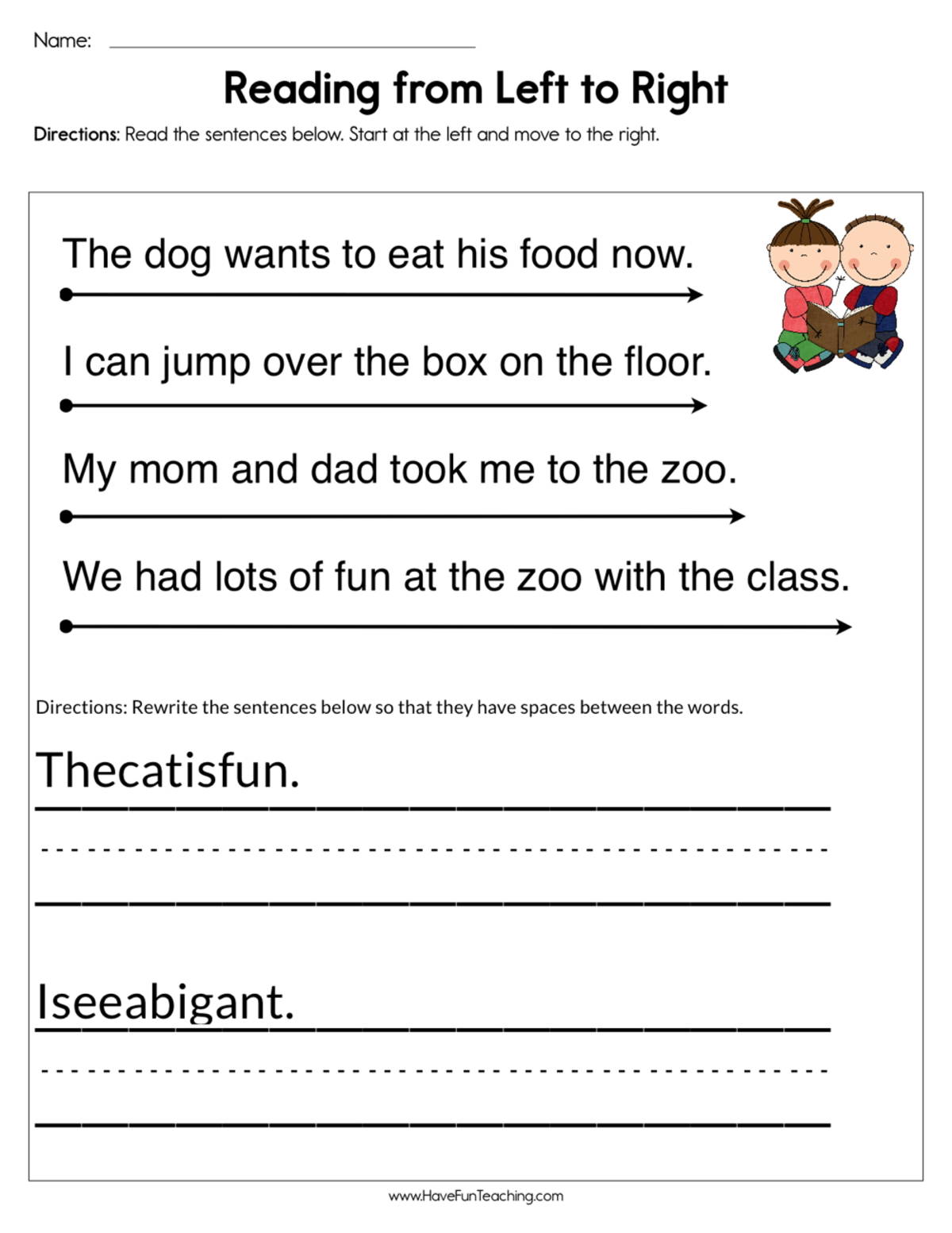 An educational teaching resource from Have Fun Teaching entitled Reading from Left to Right Worksheet downloadable at Teach Simple.