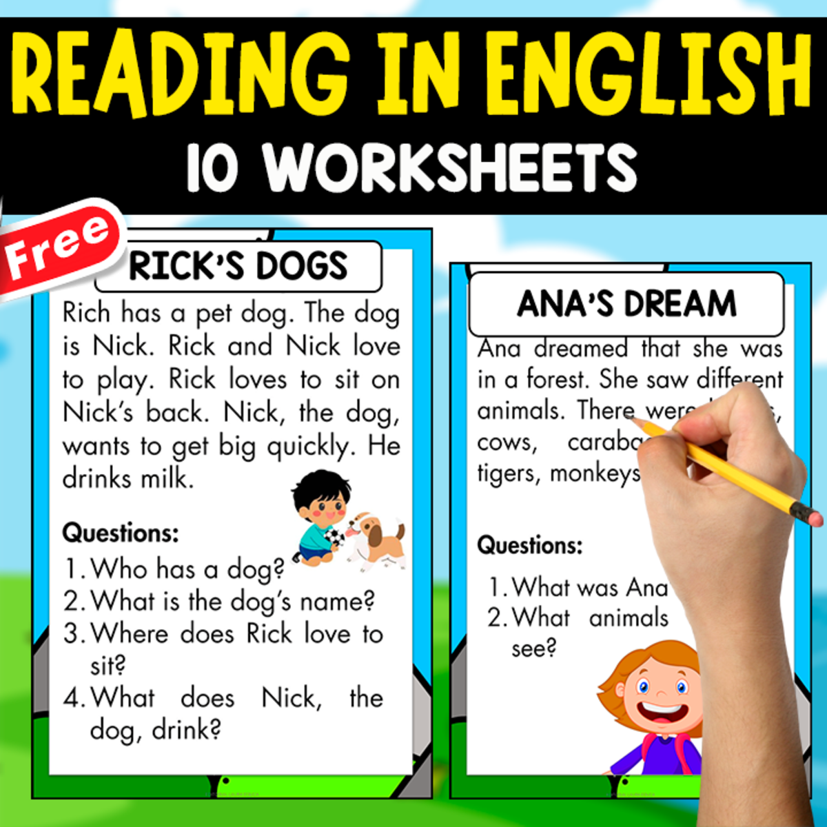 An educational teaching resource from EDITORIAL LAURA EDUCA entitled READING IN ENGLISH | 10 WORKSHEETS FOR KIDS downloadable at Teach Simple.