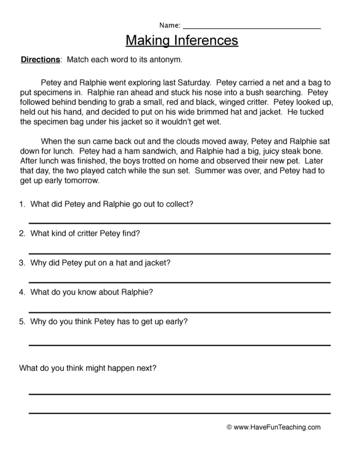 An educational teaching resource from Have Fun Teaching entitled Reading Inferences Worksheet downloadable at Teach Simple.