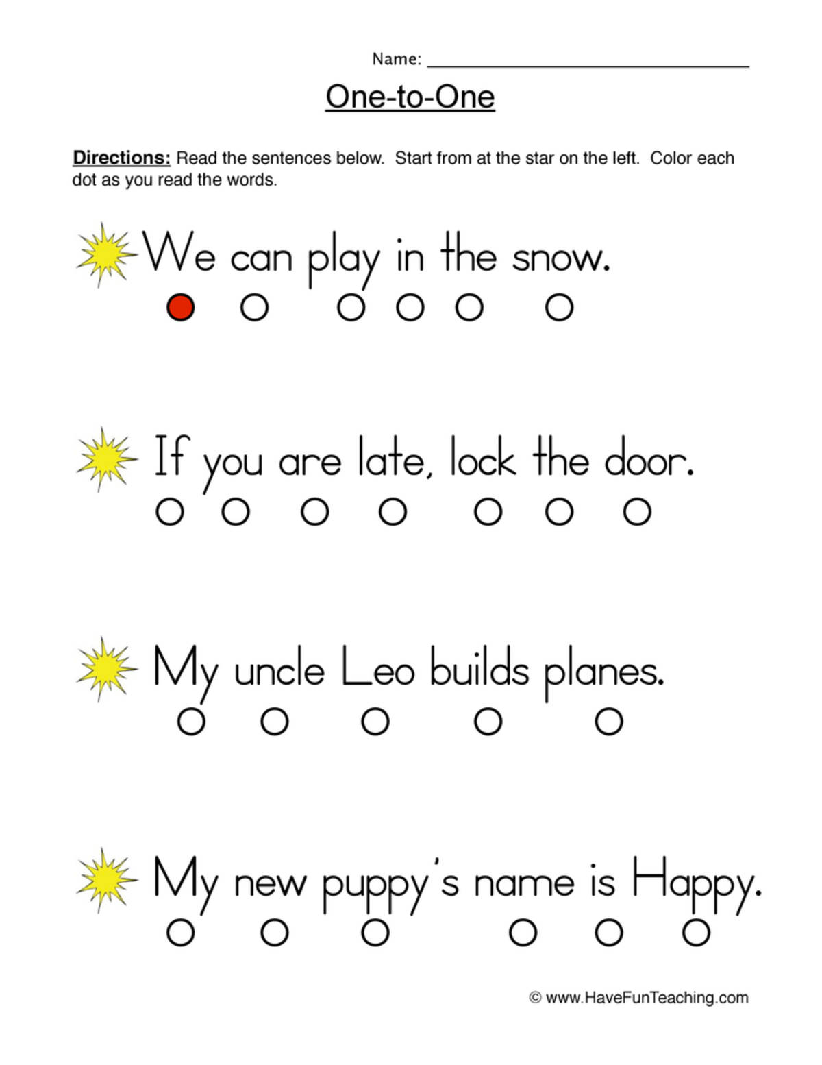 An educational teaching resource from Have Fun Teaching entitled Reading One to One Practice Worksheet downloadable at Teach Simple.