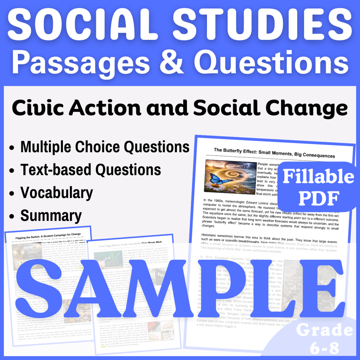 An educational teaching resource from CORED Education - Middle & High School entitled Reading Passage: The Butterfly Effect (Fillable PDF Sample) downloadable at Teach Simple.