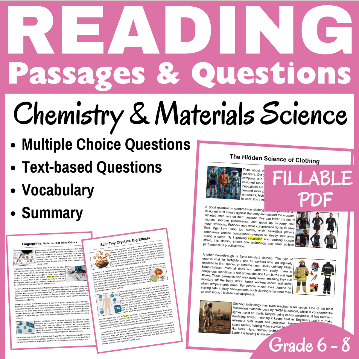 An educational teaching resource from CORED Education - Middle & High School entitled Reading Passages. Chemistry & Materials Science (FILLABLE PDF) downloadable at Teach Simple.