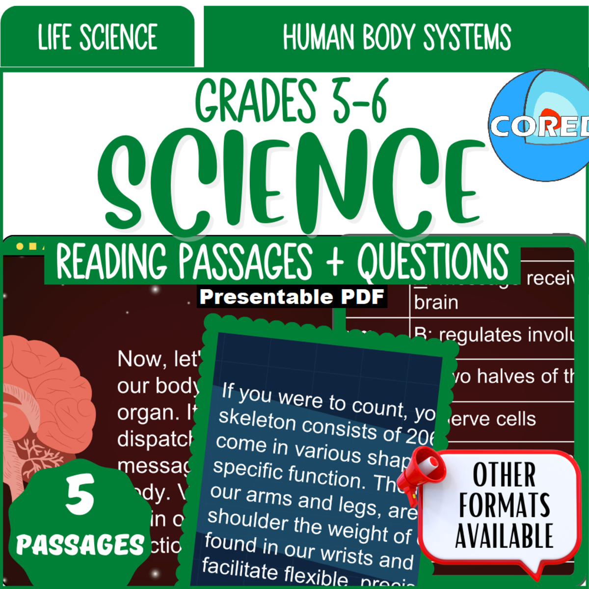 An educational teaching resource from Cored Education entitled Reading Passages on Human Body Systems Presentable PDF downloadable at Teach Simple.