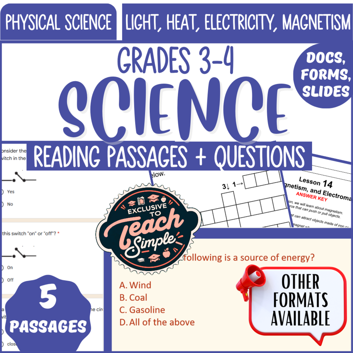 An educational teaching resource from Cored Education entitled Reading Passages on Light Heat Electricity Magnetism (Google Drive) downloadable at Teach Simple.
