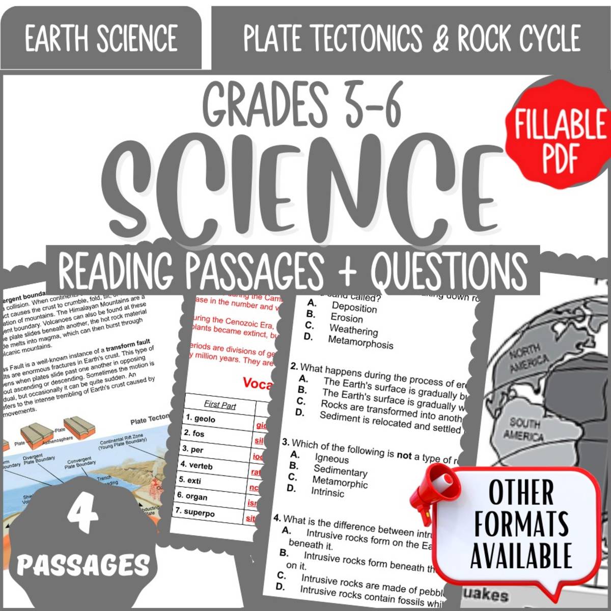 An educational teaching resource from Cored Education entitled Reading Passages on Plate Tectonics and Rock Cycle (Fillable PDF) downloadable at Teach Simple.