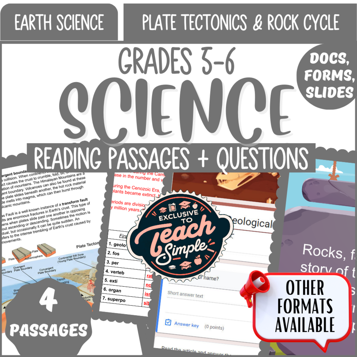 An educational teaching resource from Cored Education entitled Reading Passages on Plate Tectonics and Rock Cycle (Google Drive) downloadable at Teach Simple.