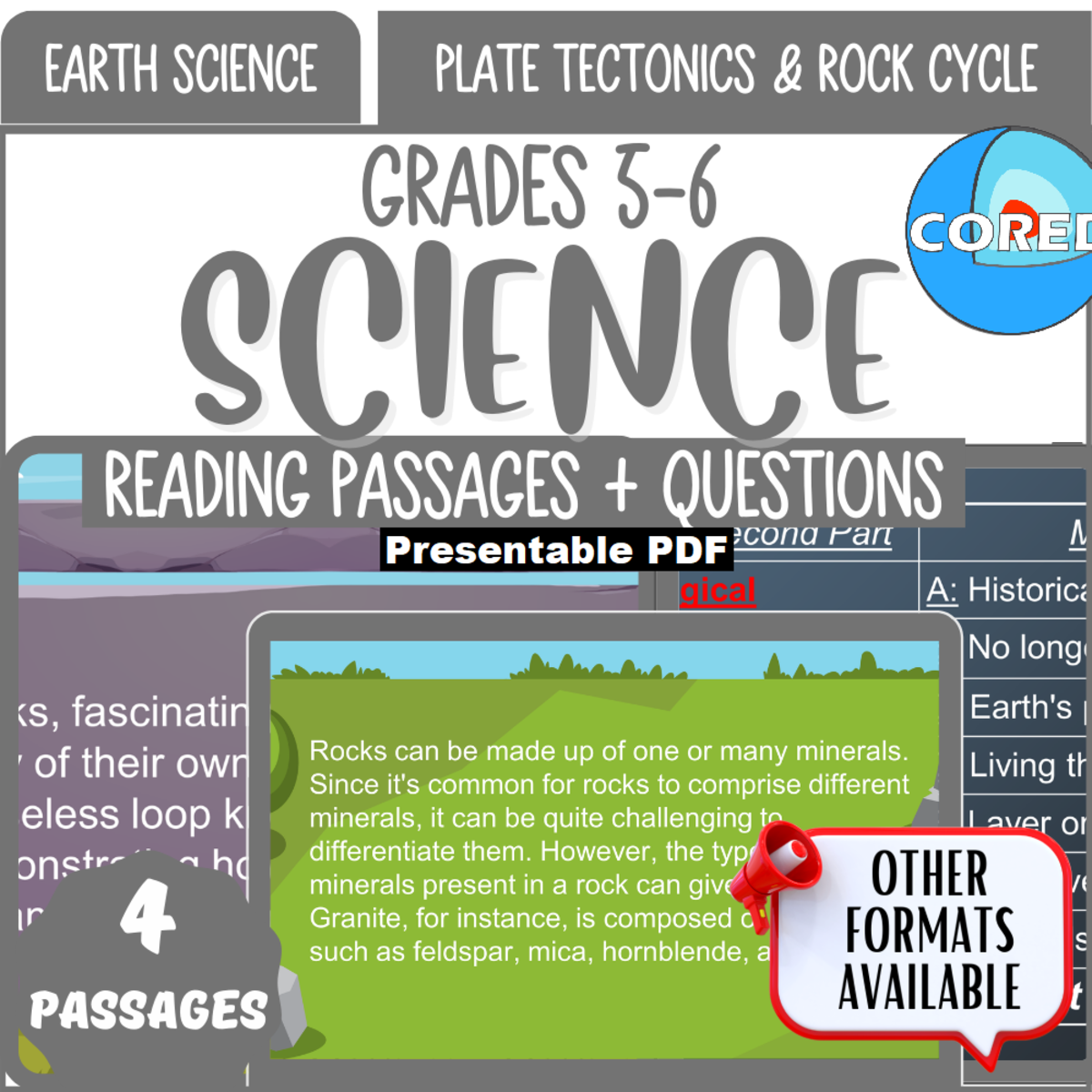 An educational teaching resource from Cored Education entitled Reading Passages on Plate Tectonics and Rock Cycle (Presentable PDF) downloadable at Teach Simple.