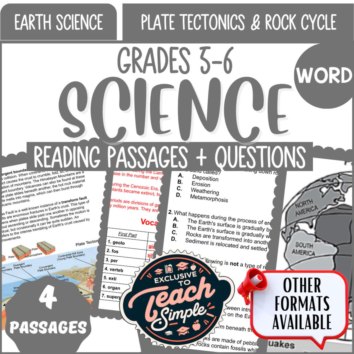 An educational teaching resource from Cored Education entitled Reading Passages on Plate Tectonics and Rock Cycle (Word) downloadable at Teach Simple.